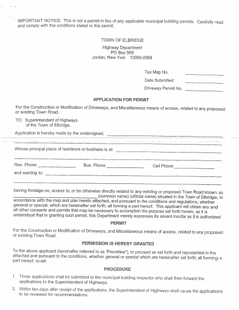 First page of the Driveway Permit Application