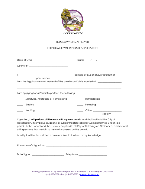 First page of the Homeowner’s Affidavit for Homeowner Permit Application