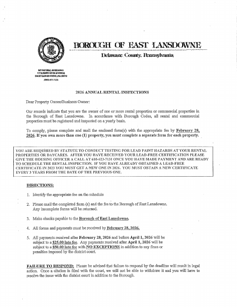 First page of the 2026 Annual Rental Inspection Application