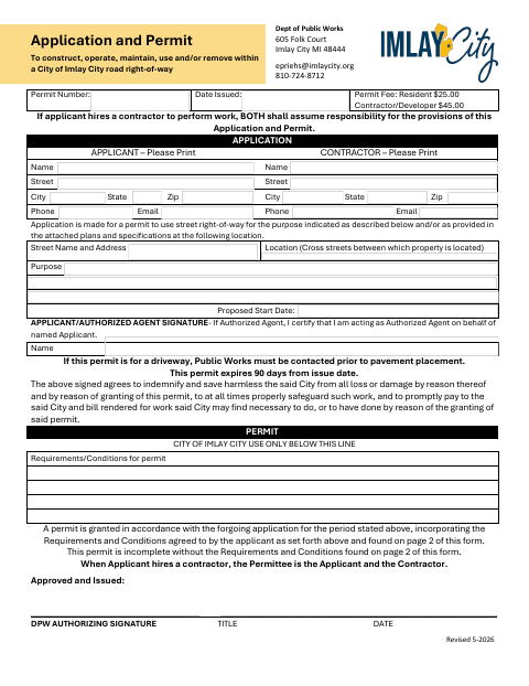 First page of the Application and Permit to Construct, Operate, Maintain, Use and/or Remove Within a Road Right-of-Way