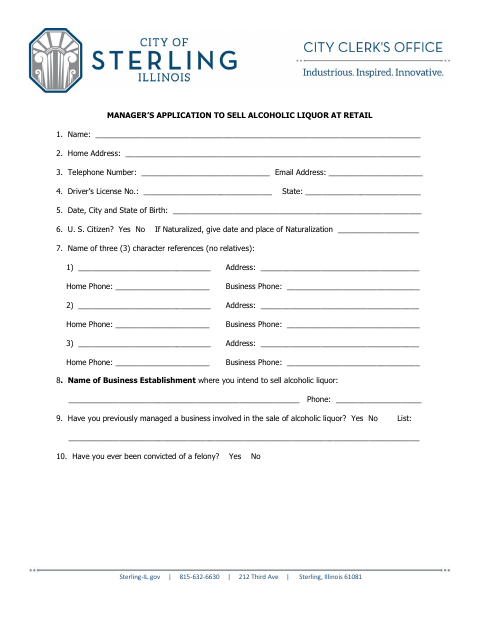 First page of the Manager’s Application to Sell Alcoholic Liquor at Retail