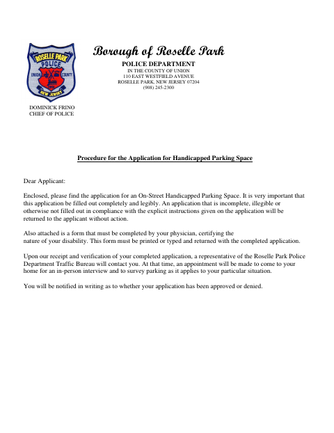 First page of the Handicapped Parking Space Application