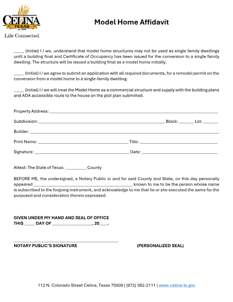 First page of the Model Home Affidavit