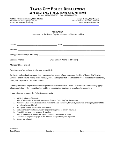 First page of the Towing, Wrecker and Impound Policy and Application Form