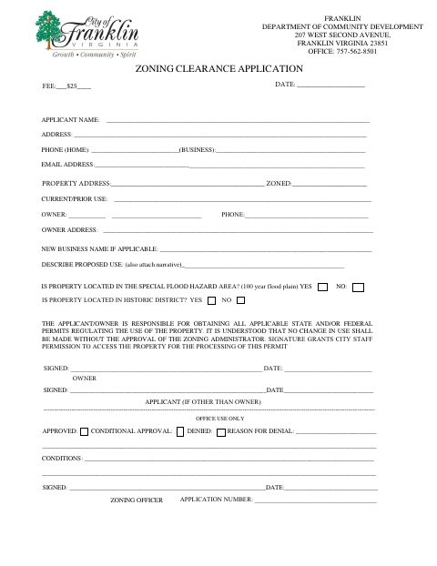 First page of the Zoning Clearance Application