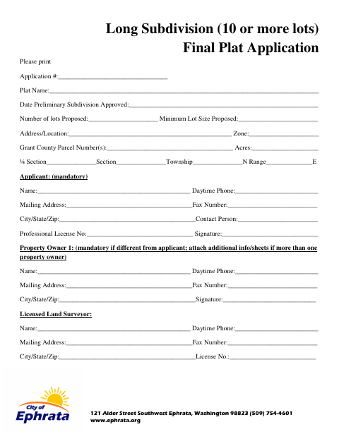 First page of the Long Subdivision Final Plat Application (10 or More Lots)