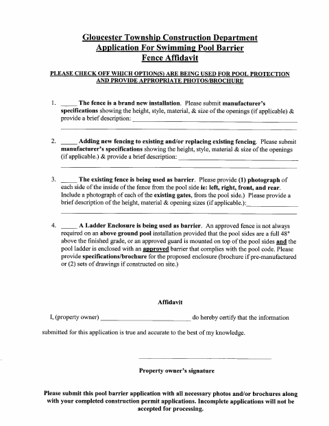 First page of the Swimming Pool Barrier Fence Affidavit