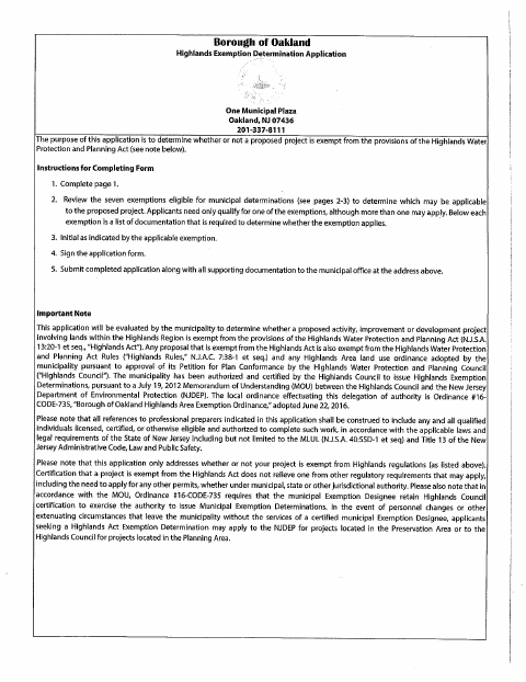 First page of the Highlands Exemption Determination Application