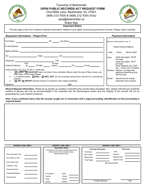 First page of the Open Public Records Act Request Form