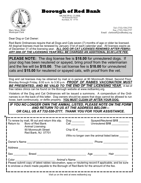 First page of the Dog Cat License Application Renewal
