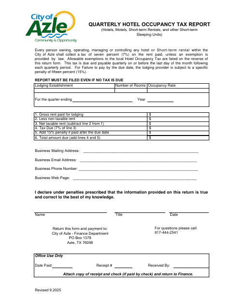 First page of the Quarterly Hotel Occupancy Tax Report