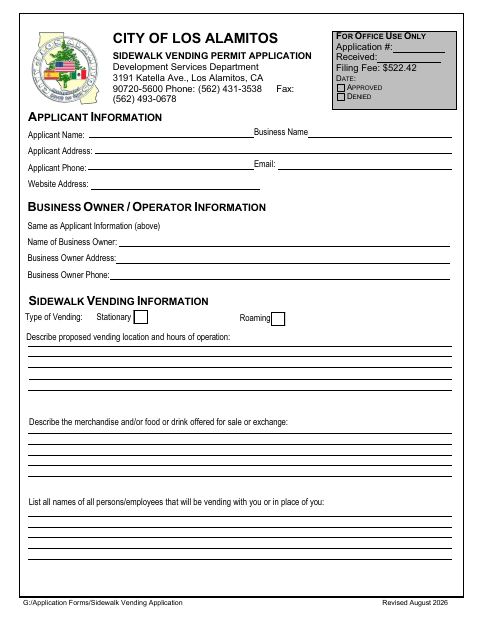 First page of the Sidewalk Vending Permit Application