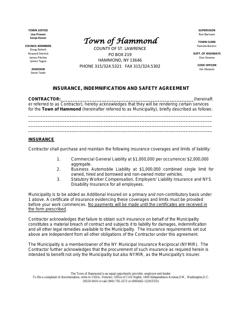 First page of the Contractor Hold Harmless Agreement