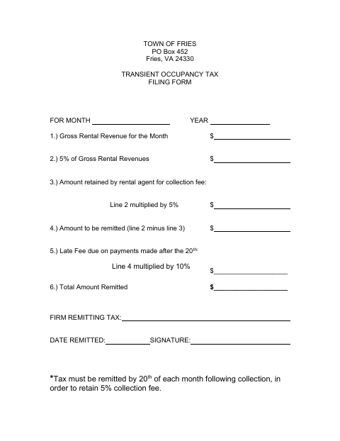 First page of the Transient Occupancy Tax Filing Form