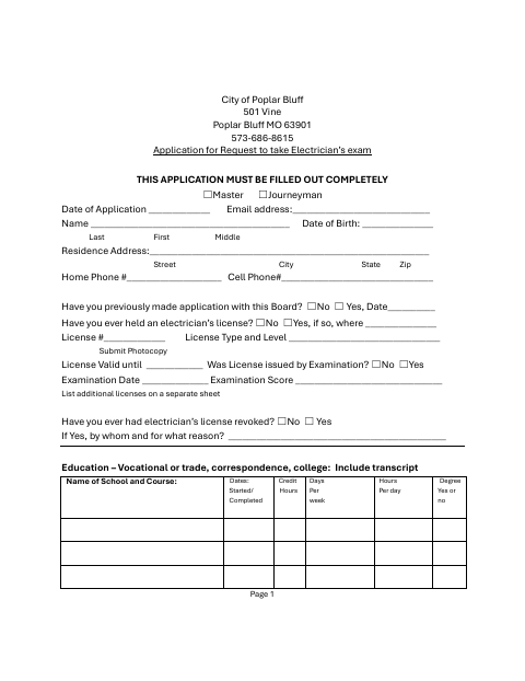 First page of the Electrician Exam Application and Experience Affidavit