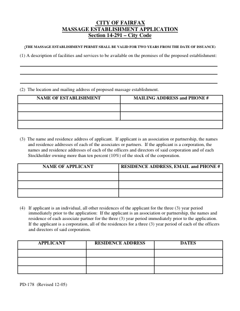 First page of the Massage Establishment Application