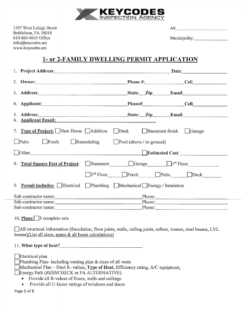 First page of the 1- or 2-Family Dwelling Permit Application