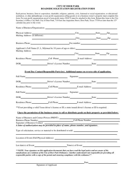 First page of the Roadside Solicitation Registration Form