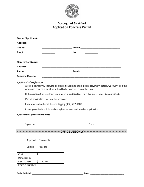 First page of the Concrete Permit Application
