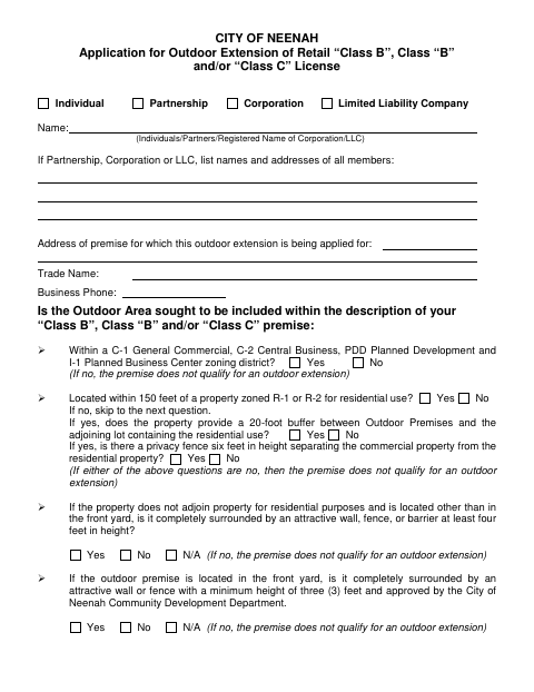 First page of the Outdoor Extension of Retail License Application