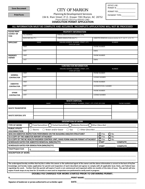 First page of the Demolition Permit Application