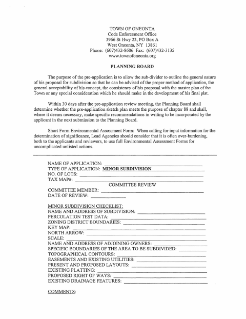 First page of the Subdivision Application