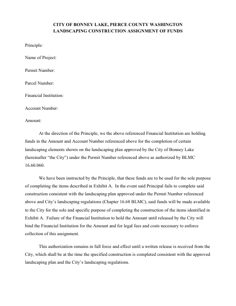 First page of the Landscaping Construction Assignment of Funds