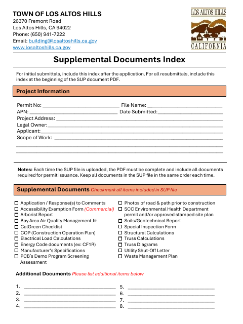 First page of the Supplemental Documents Index