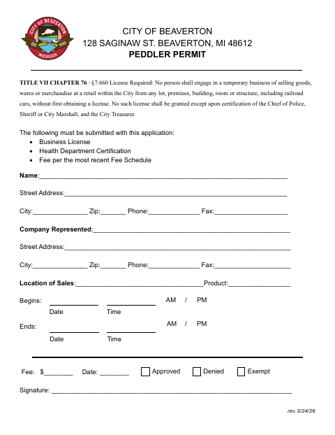 First page of the Peddler Permit
