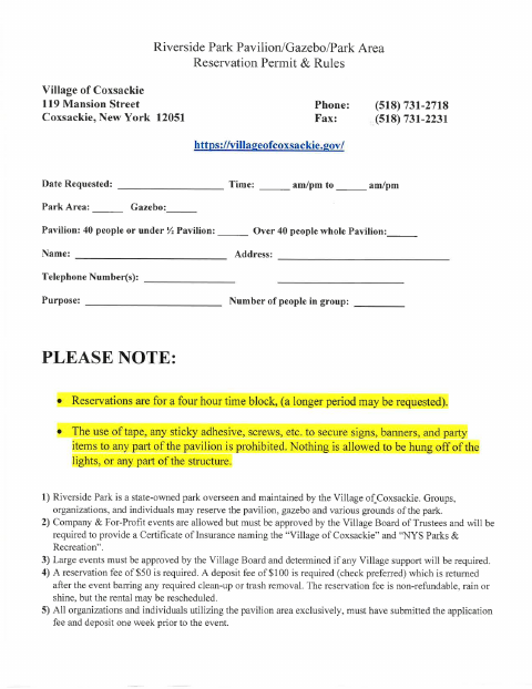 First page of the Riverside Park Pavilion, Gazebo, and Park Area Reservation Permit Application