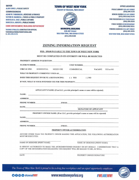 First page of the Zoning Information Request Application