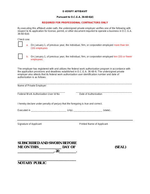 First page of the Permit Affidavit (E-Verify Affidavit for Contractors)
