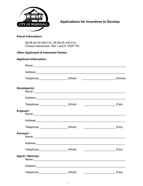 First page of the Application for Incentives to Develop Parcel