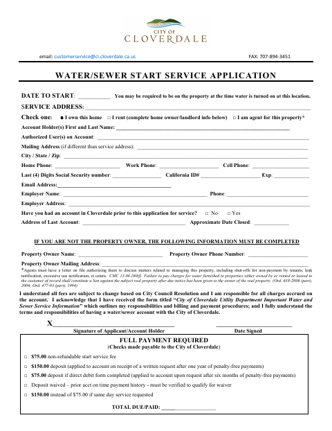First page of the Water/Sewer Start Service Application
