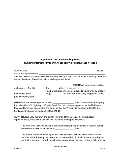 First page of the Private Road Building Permit Agreement and Release