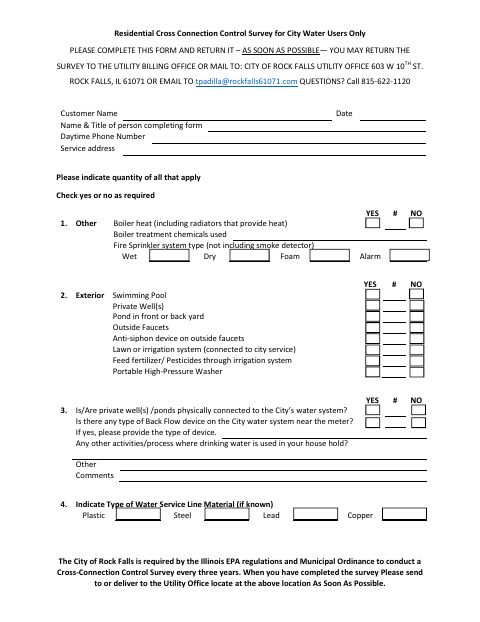 First page of the Residential Cross Connection Control Survey