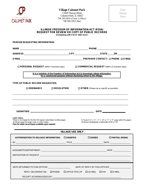 First page of the Illinois Freedom of Information Act (FOIA) Request for Review or Copy of Public Records