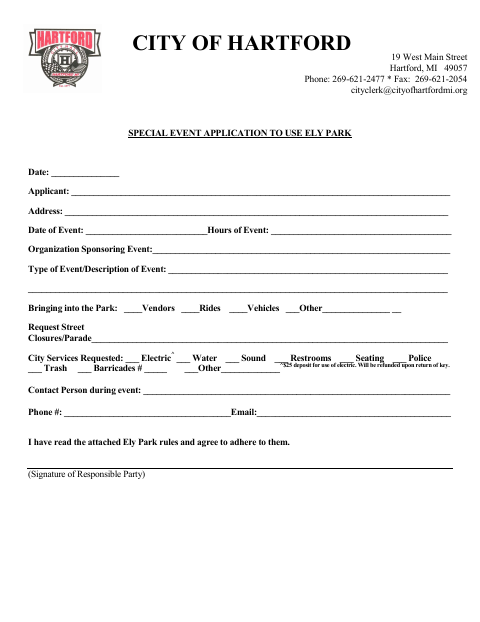 First page of the Special Event Application to Use Ely Park