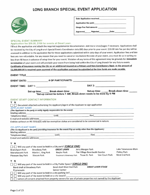 First page of the Special Event Application