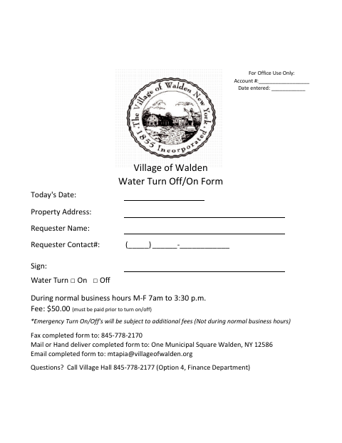 First page of the Water Turn Off/On Form