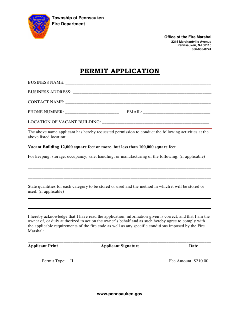 First page of the Vacant Building Permit Application (12,000 Square Feet or More)