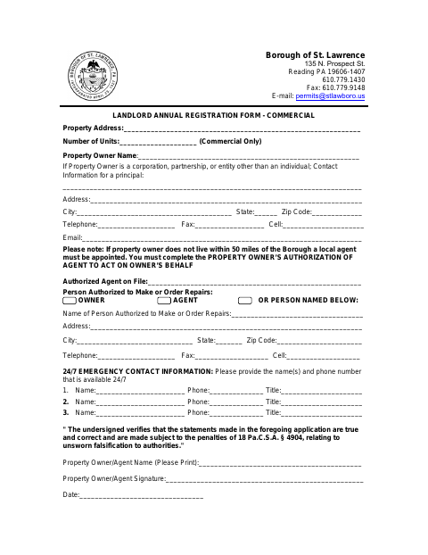 First page of the Commercial Landlord Annual Registration Form
