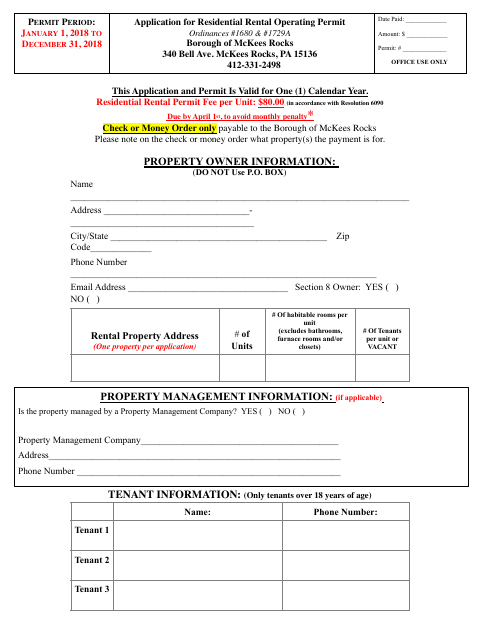 First page of the Application for Residential Rental Operating Permit