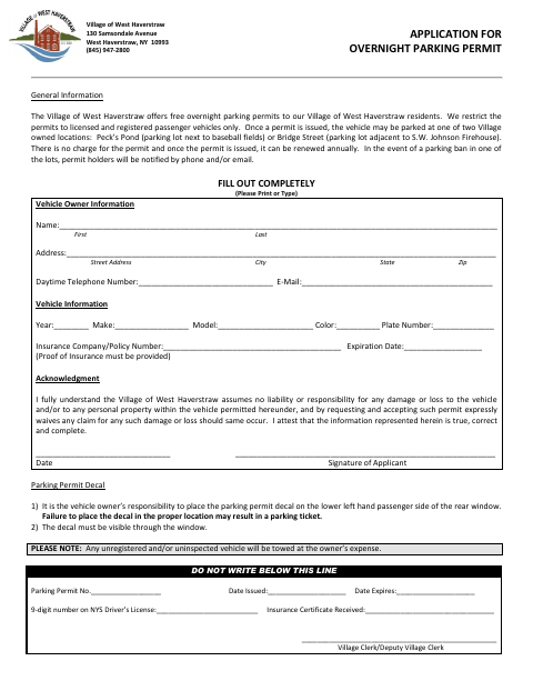 First page of the Application for Overnight Parking Permit