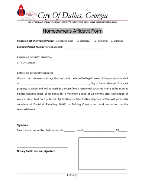First page of the Homeowner's Affidavit