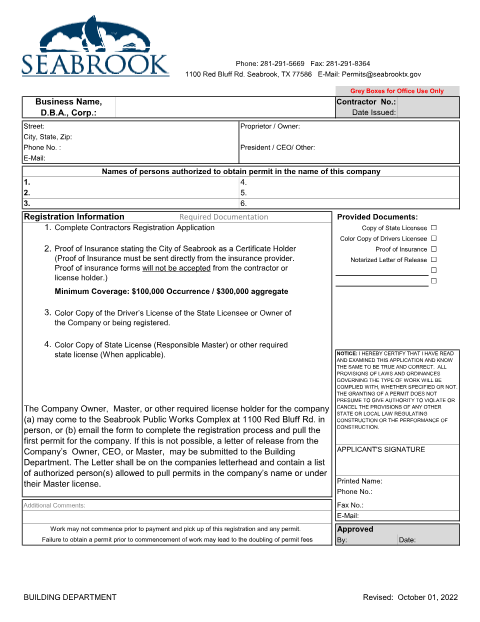 First page of the Contractor Registration Application