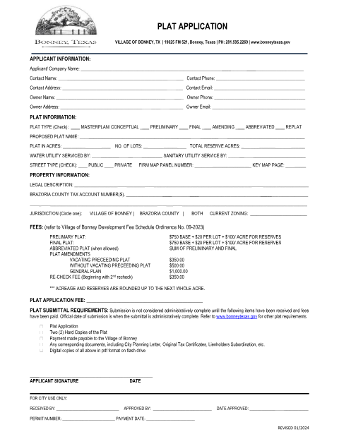 First page of the Plat Application