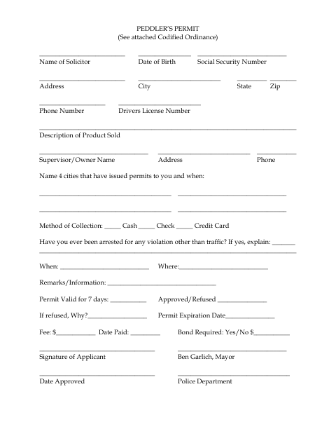 First page of the Peddler’s Permit