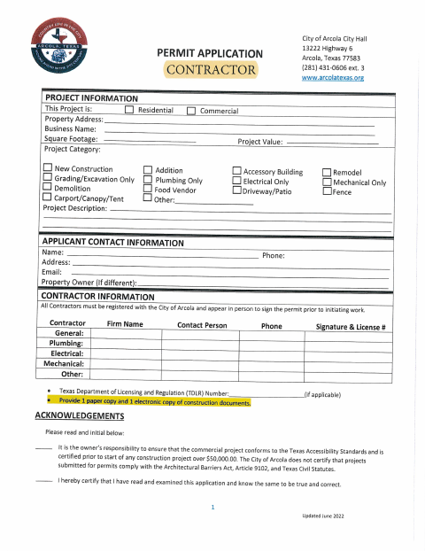 First page of the Contractor Application