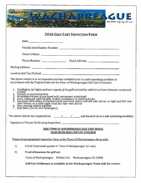 First page of the Golf Cart Inspection Form